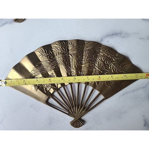 Solid Brass Mid-Century Asian Fan With Phoenix Wall Decor Vintage, Set Of Three - Picture 6 of 10